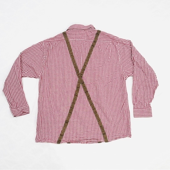 Trachten German Oktoberfest Red Checkered Long Sleeve Button Down Shirt - Picture 7 of 8